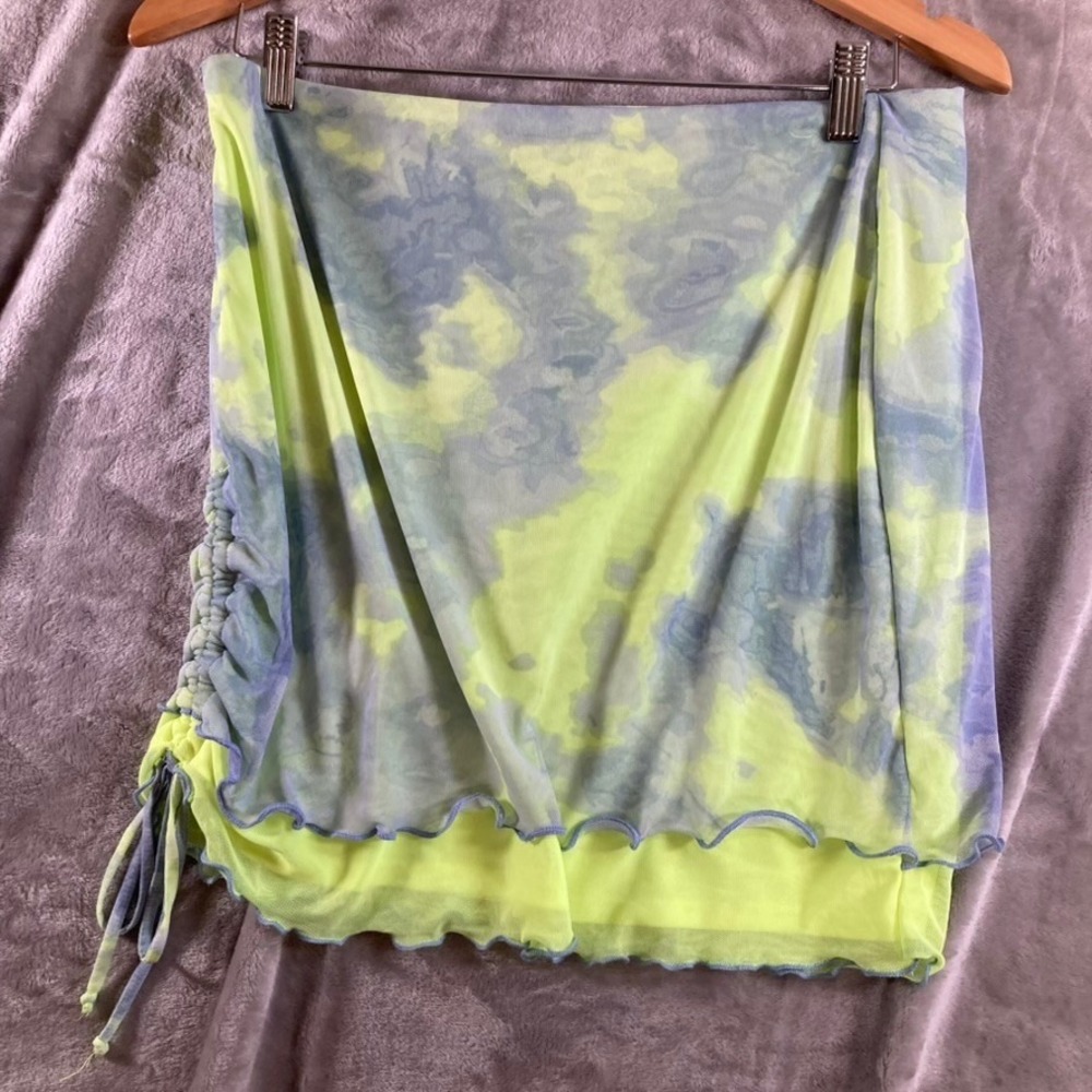 Wild Fable Juniors L Bathing Suit Cover Up Skirt Lime Green Tie Dye Mesh Ruched